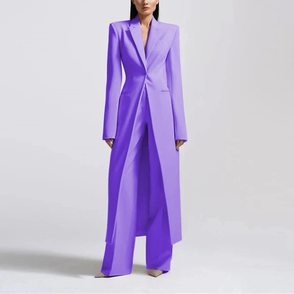 Fashion Beige Women's Blazer PantsSuit Peak Lapel Long Coat Wedding Formal Suits Office Lady Jacket Pant 2 Piece