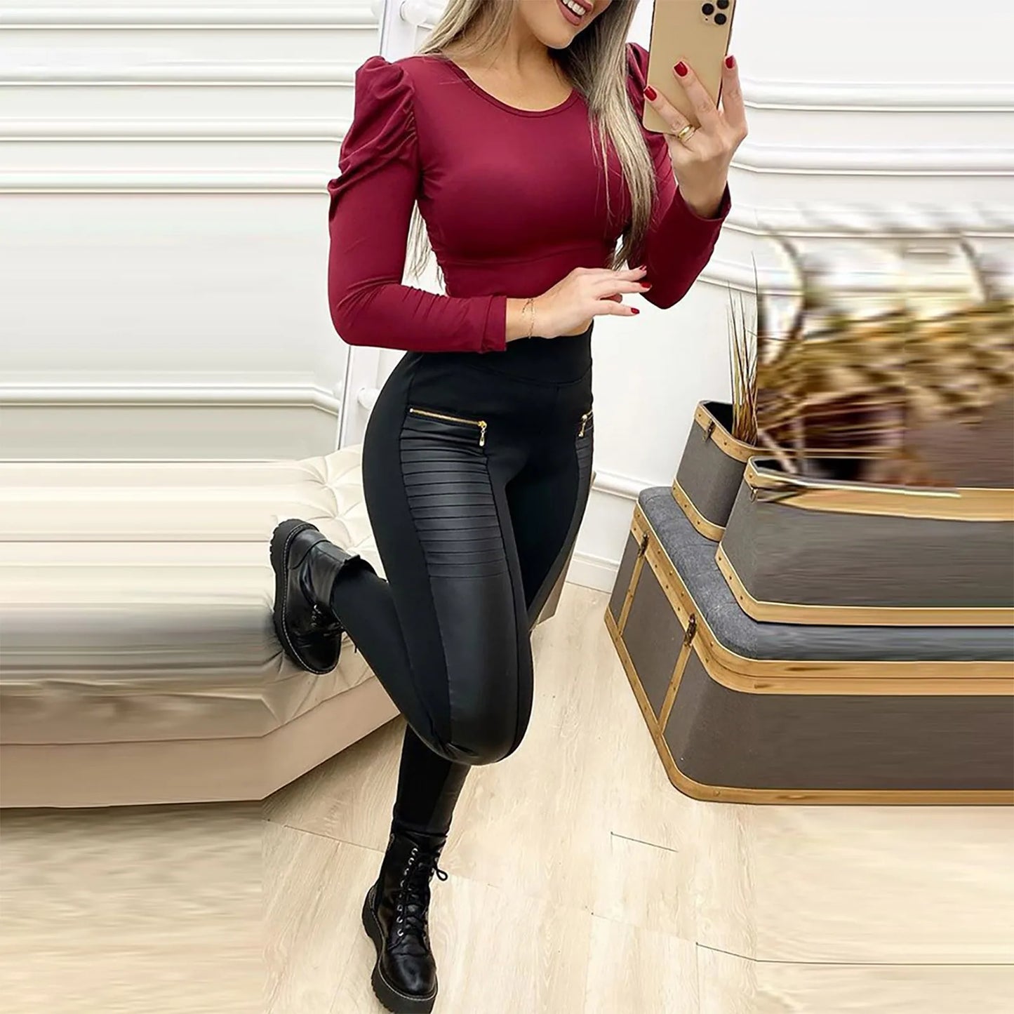 Sexy Fashion Women'S Faux Leather Pants Contrast Zipper Design High Waist Skinny Trousers High Waist Skinny Push Up Leggings