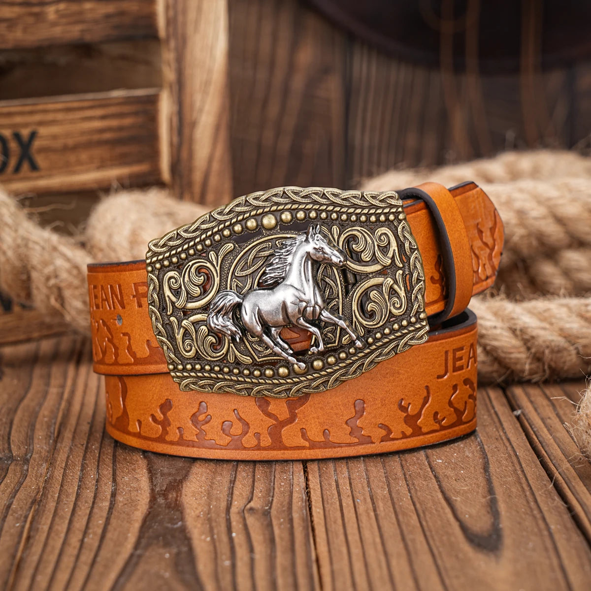 Western Cowboy PU Leather Belt - Men Waist Strap Bull Decoration Floral Engraved for Jeans