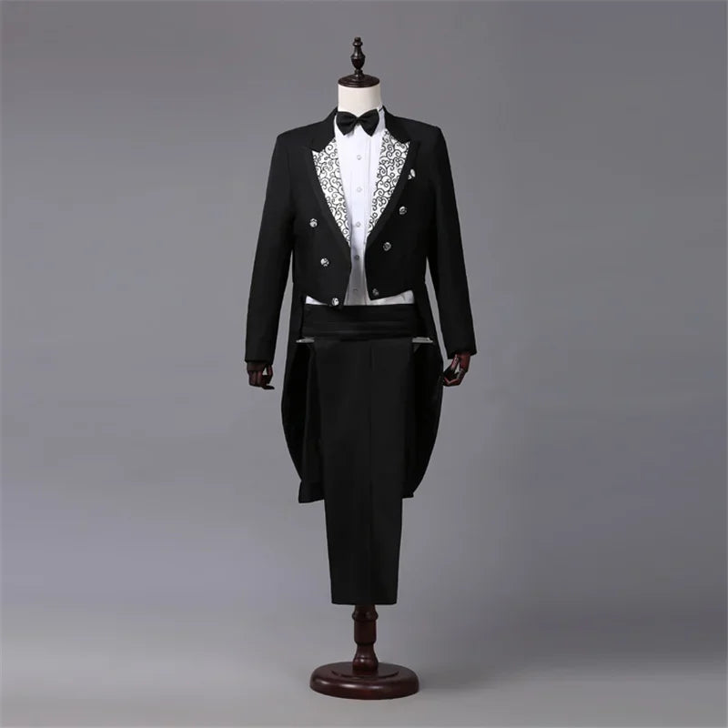 Men's Tuxedo Costume Vintage Formal Tailcoat Slim Fit Peak Lapel Suit Tux Pants Tail Coat Singer Magician Stage Jacket Outfits