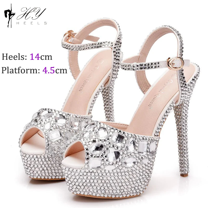 Fashion Diamond Wedding Shoes Ladies 14cm Heels Open-toed High-heeled Waterproof Platform Party Shoes Women