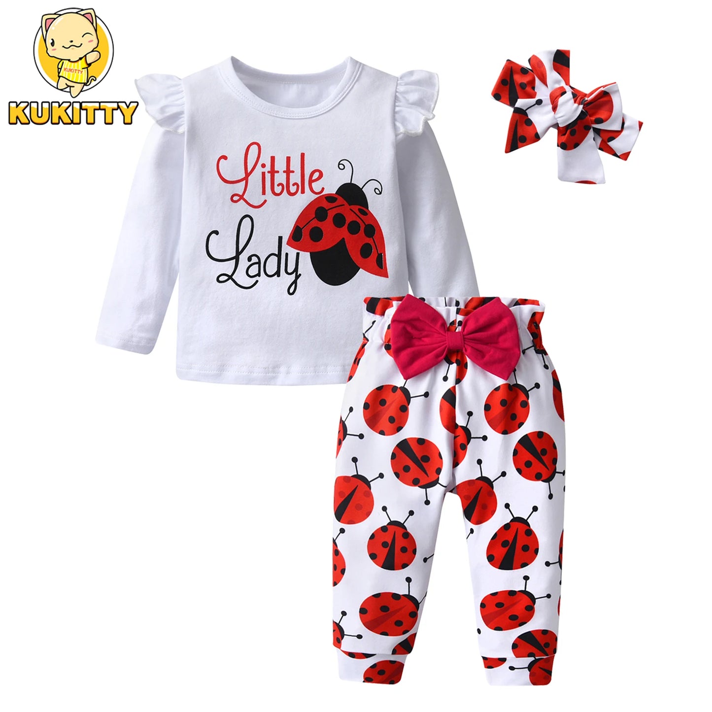0-2 Years Toddler Baby Girl Spring Autumn Clothes Set Insect Pattern Long Sleeve Top and Pants Headband Three Pieces Outfit Set