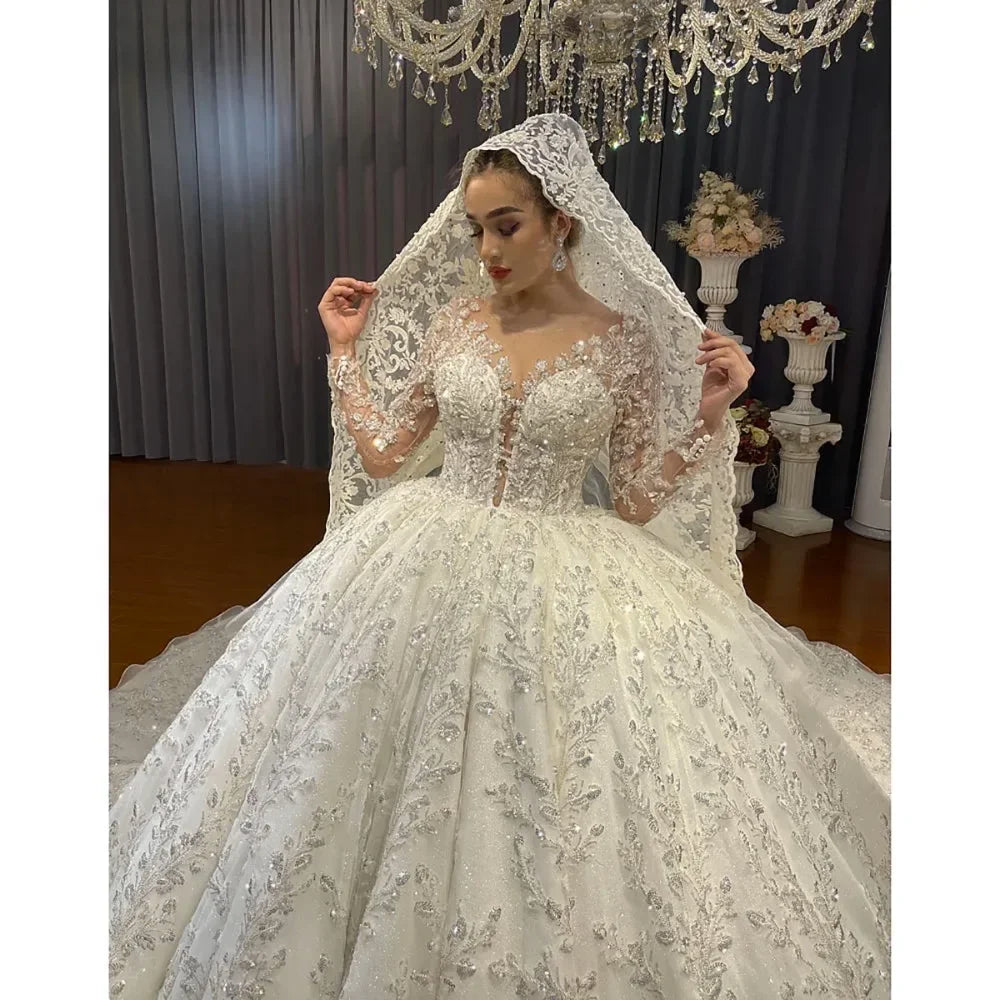 Customized Gorgeous A-Line Long Sleeves Wedding Dress For Women Sequins Appliques Bridal Gown O-Neck Dresses Vestido De Novia