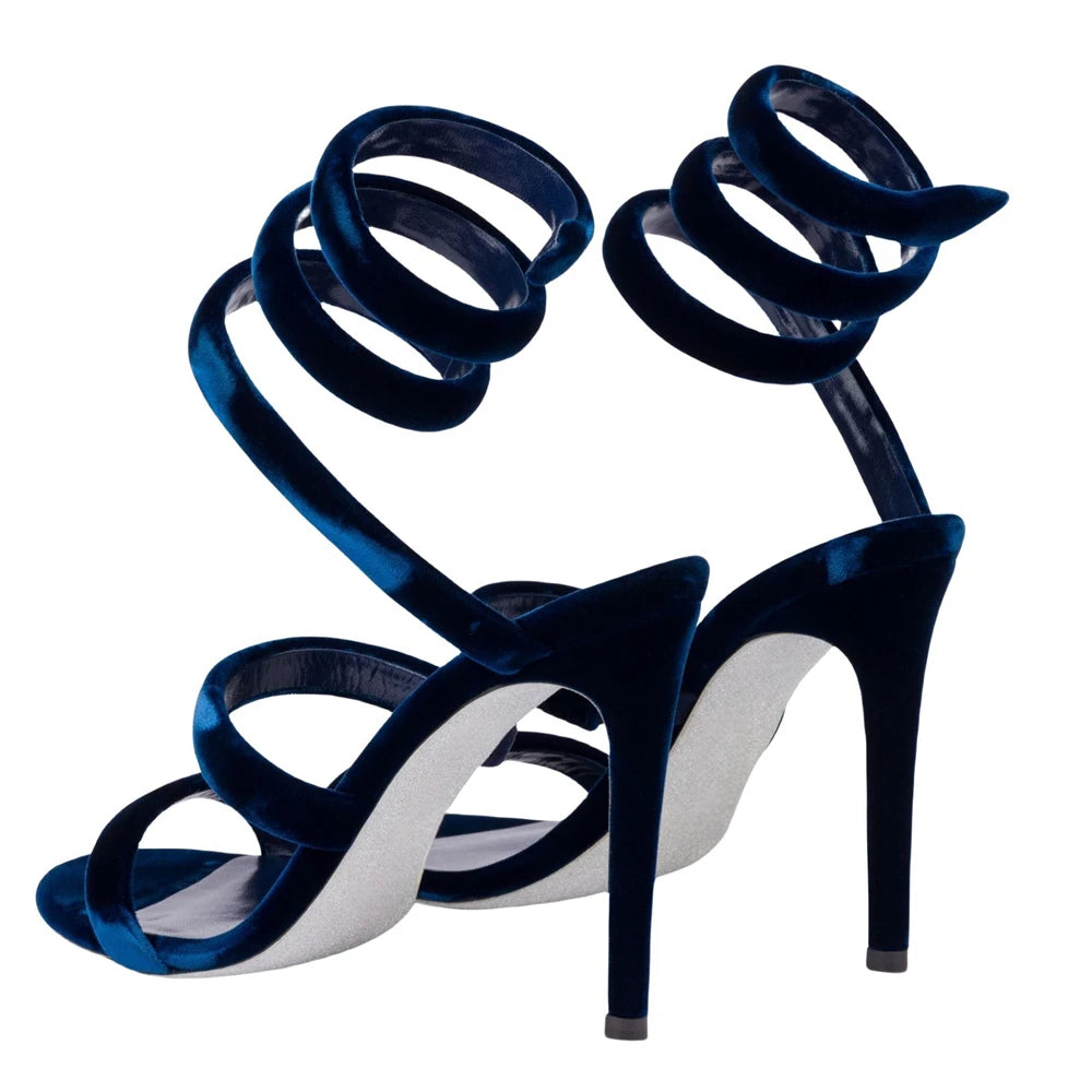 Summer new round toe silk ribbon snake-shaped wrapped sexy sandals thin high-heeled banquet dress large size women's shoes