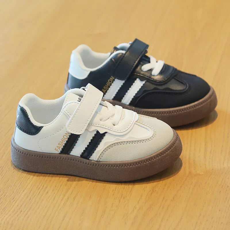 Children Spring Autumn Fashion Soft Soled German Training Shoes Boy Casual Board Shoes Girls Velcro Sneakers Striped White Shoes