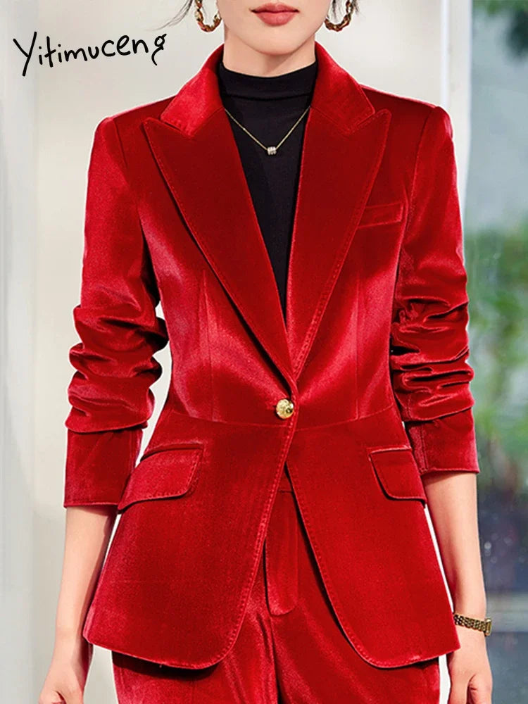 Yitimuceng 2025 New Fashion Office Women Two Piece Set of Fashionable Slim Fit Single Button Long Sleeved Women Long Pants Set