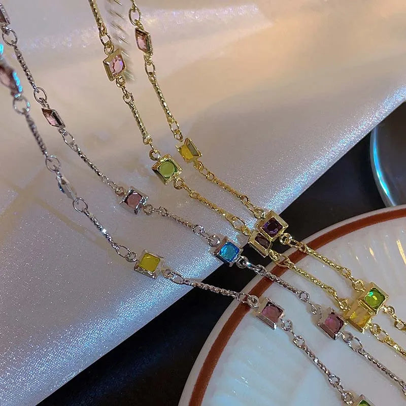 Hot Sale Colorful Square Rhinestone Necklace Fashion Exquisite Light Luxury Zircon Clavicle Chain Female Wedding Jewelry Gifts