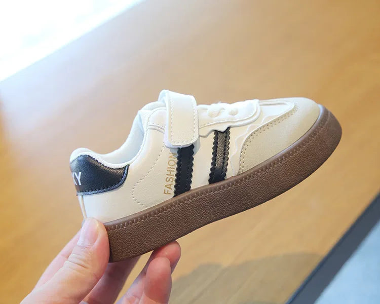 Children Spring Autumn Fashion Soft Soled German Training Shoes Boy Casual Board Shoes Girls Velcro Sneakers Striped White Shoes