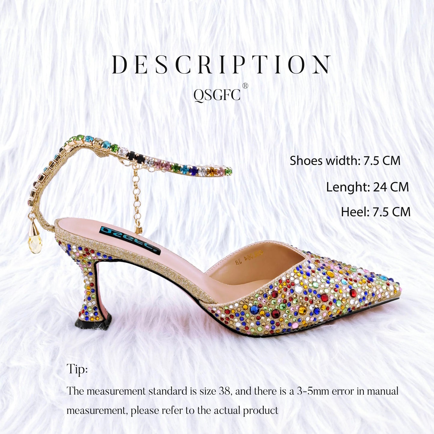 QSGFC New Gold Glitter Fabric Pointed Toe High Heels With A Variety Of Shapes Of Rhinestones Fashion Party Ladies Shoes And Bag