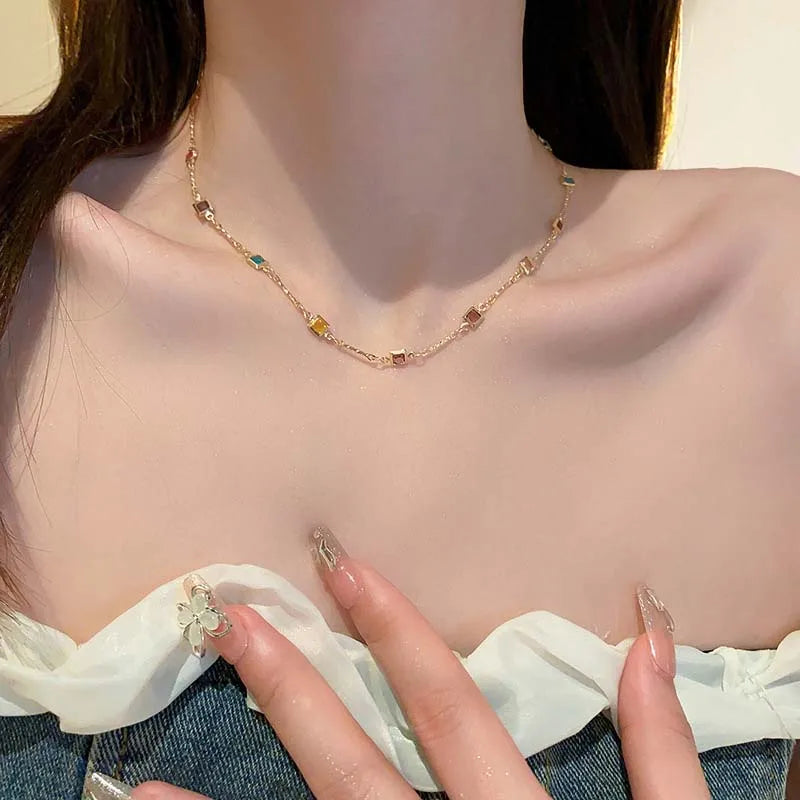 Hot Sale Colorful Square Rhinestone Necklace Fashion Exquisite Light Luxury Zircon Clavicle Chain Female Wedding Jewelry Gifts