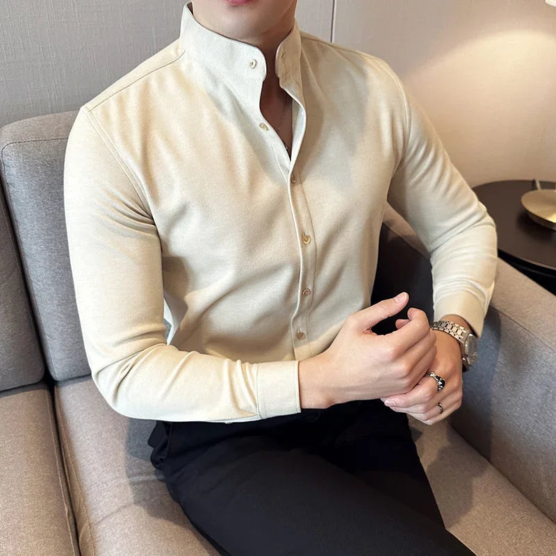 Winter Men Woolen Shirt with British Style Solid Casual Stand Up Collar Thick Warm Wool Formal Dress Shirt Fashion Men Clothing