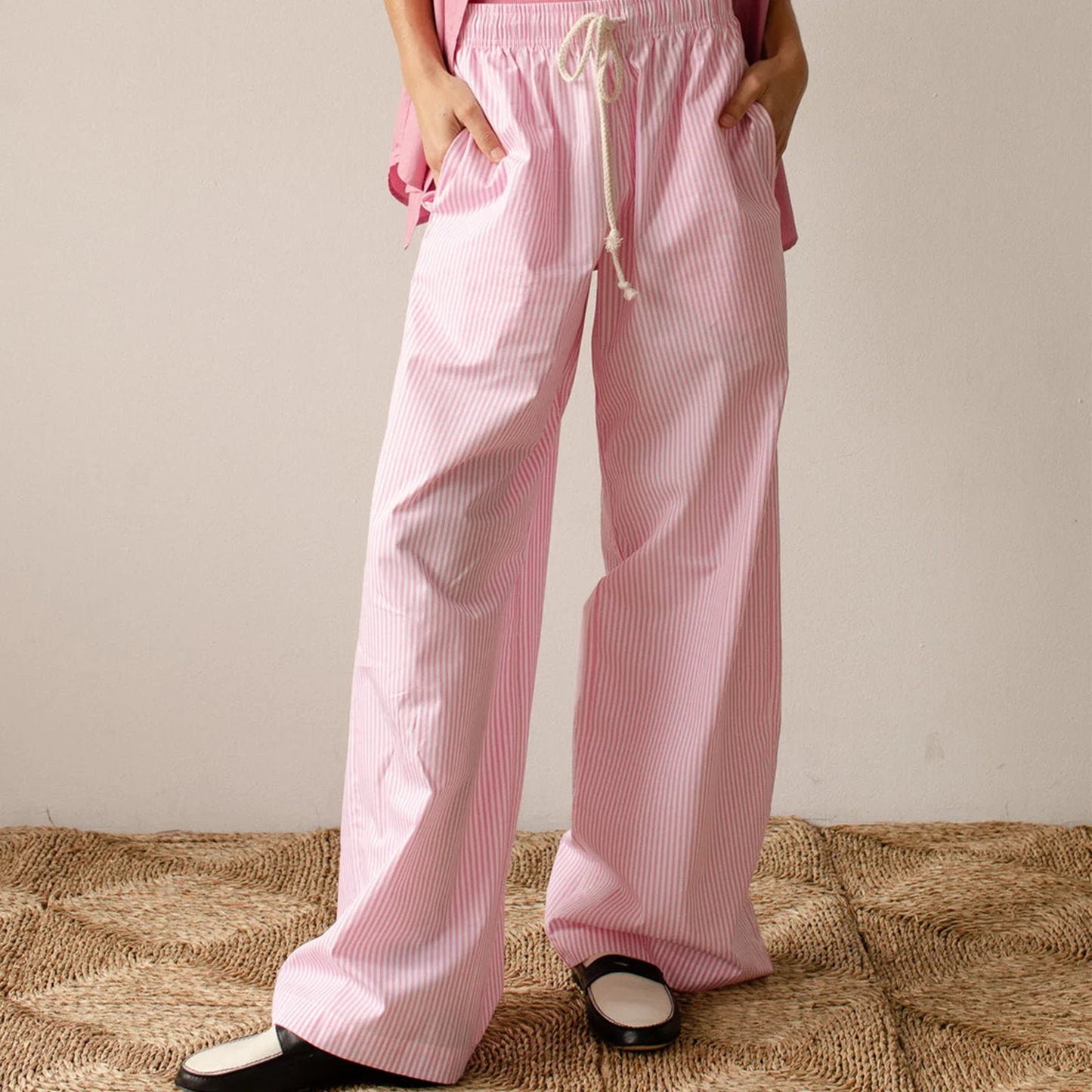 Combhasaki Women Y2K Aesthetic Wide-Leg Pants Stripe Drawstring High Elastic Waist Trousers Spring Fall Retro Sweatpants Bottoms