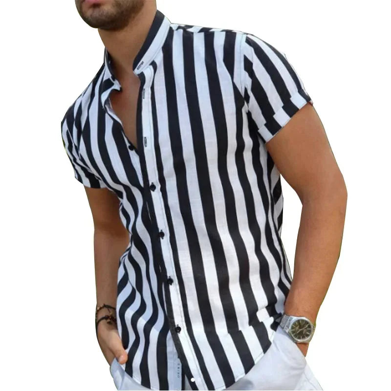 Summer casual new men's shirts, fashionable striped short-sleeved T-shirts, stand-up collar, versatile and trendy men's clothing