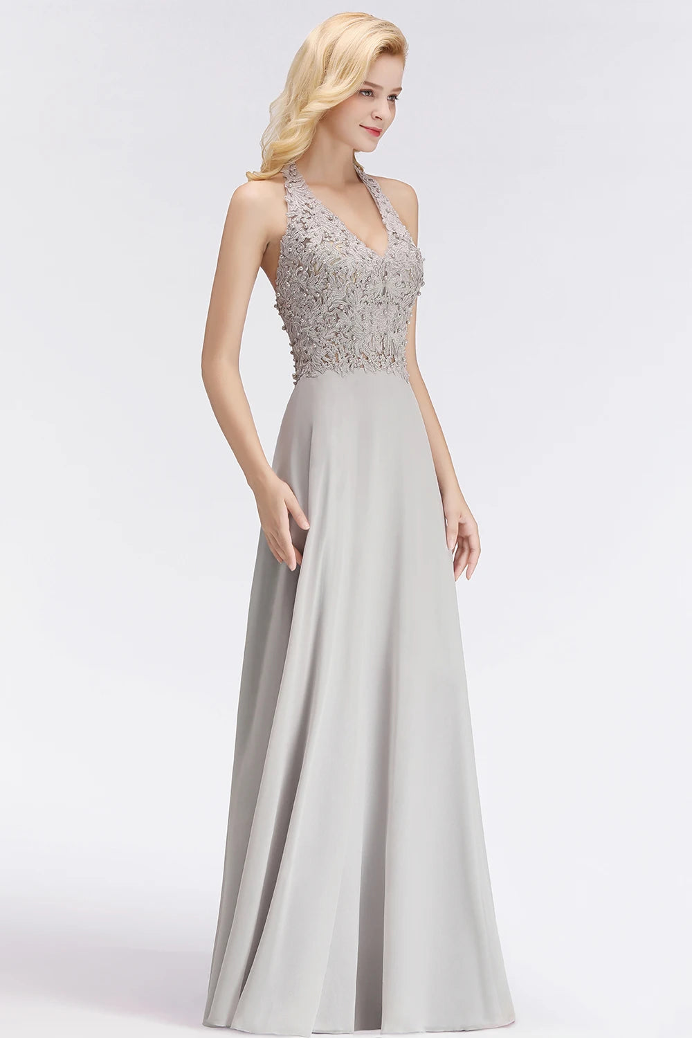 BABYONLINE Halter Neckline Lace Pearls Bodice Bridesmaid Dress Long Floor-length Skirt Chiffon Sexy Open Back Wedding Clothes
