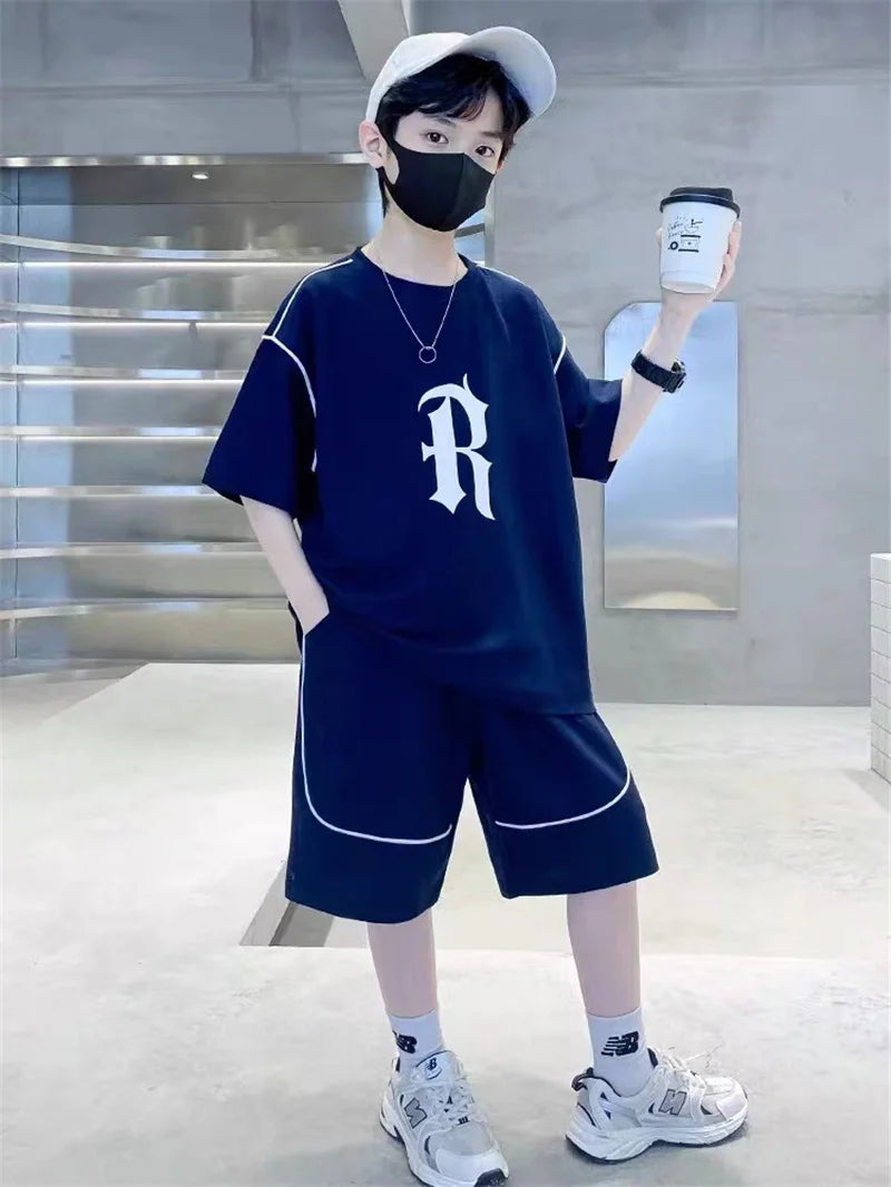 Boys Loose Casual Clothing Sets Summer Big Kids Sportwear Suits Short Sleeve Tops+Shorts 2Pcs Children Fashion Outfits 5-14 Year