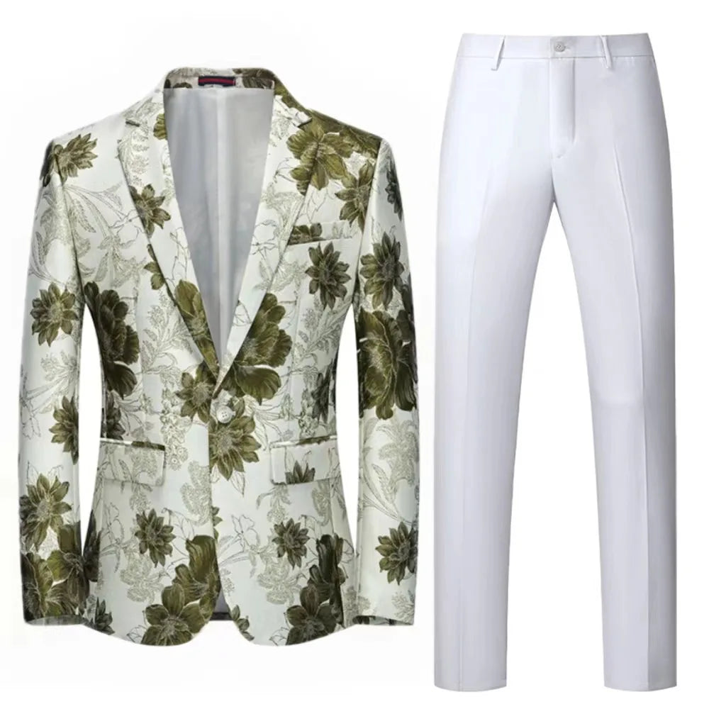 Men Suit 2 Pieces Orange Flower Pattern One Button Business Casual For Wedding Birthday Party Set Jacket And Pants