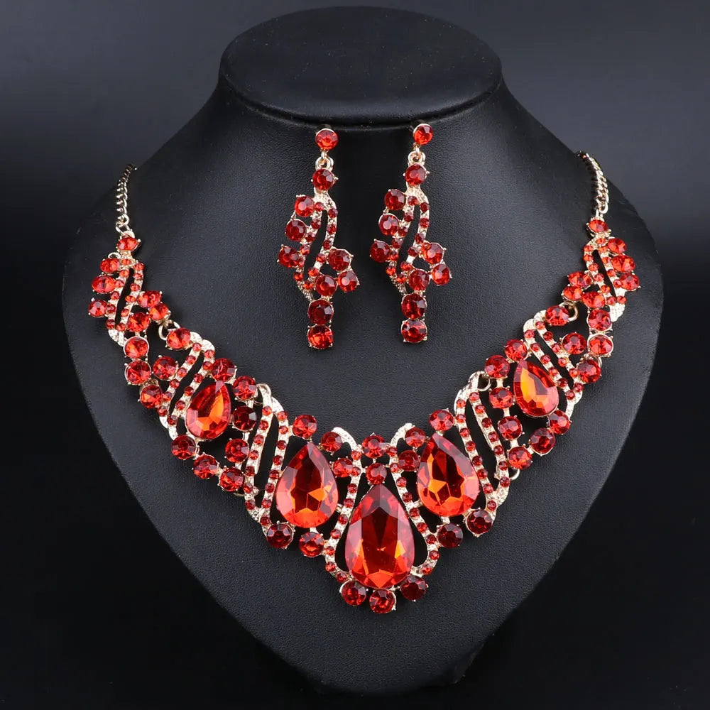 Fashion Crystal Gold Color Necklace Earrings Indian Bridal Jewelry Sets For Brides Wedding Party Costume Accessories Women