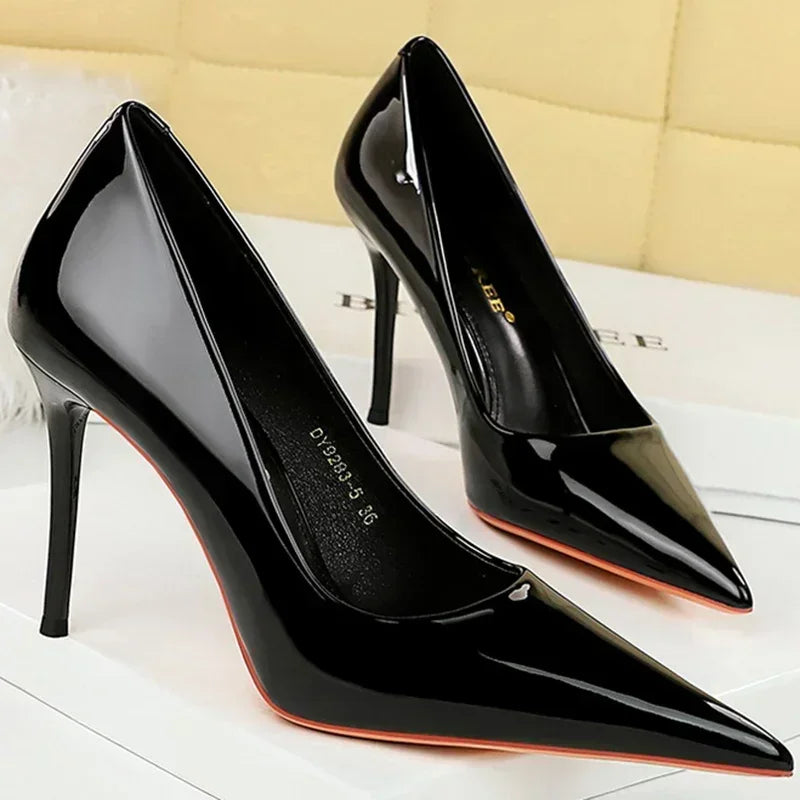 Women 7cm High Heels Career Temperament Work Pumps Lady Stiletto Heels Glossy Leather Fetish Royal Blue Nude Party Concise Shoes