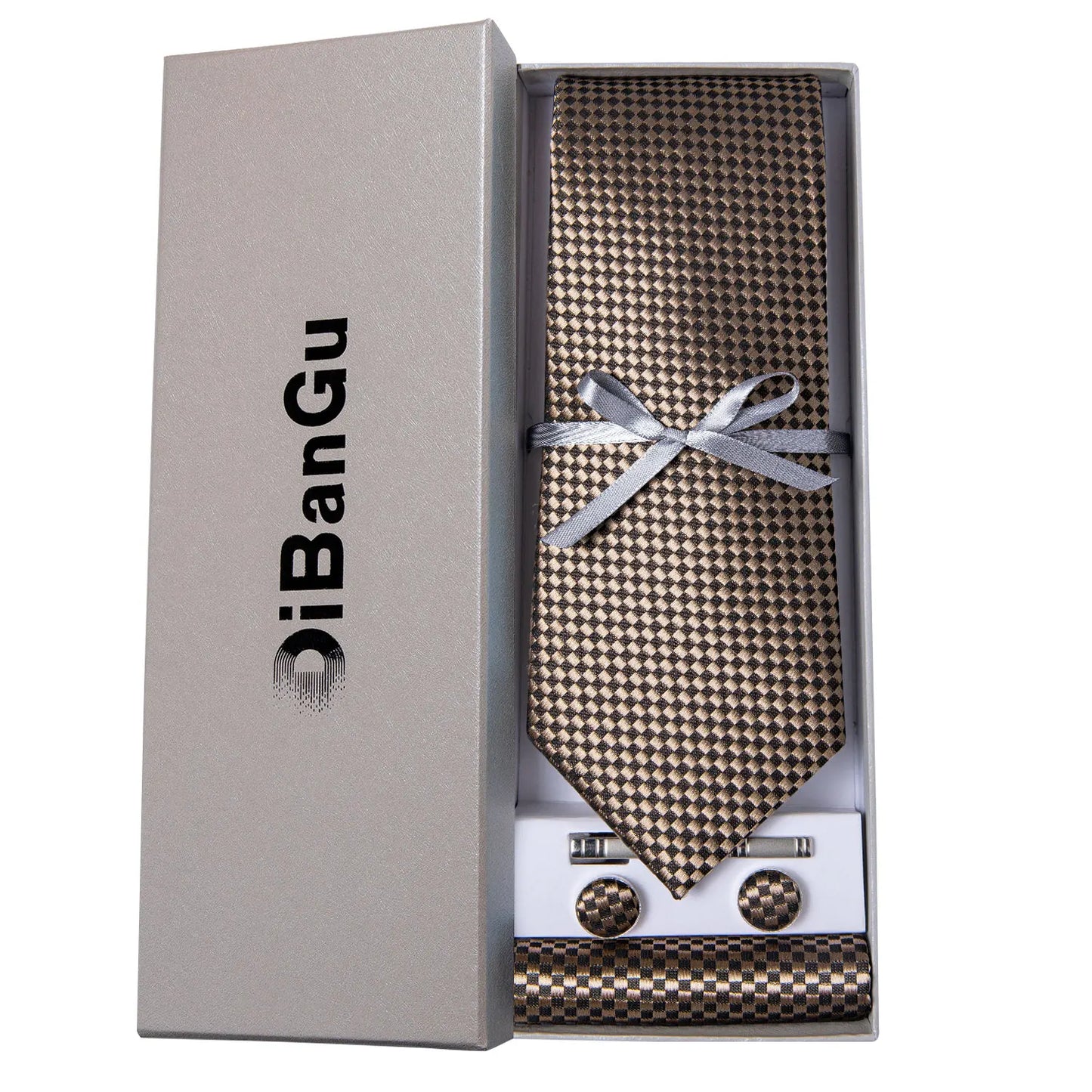 Solid Black Plaid Men's 8cm Polyester Neck Tie Handkerchief Cufflinks Set with Gift Box Tie Clip Birthday Anniversary Gift