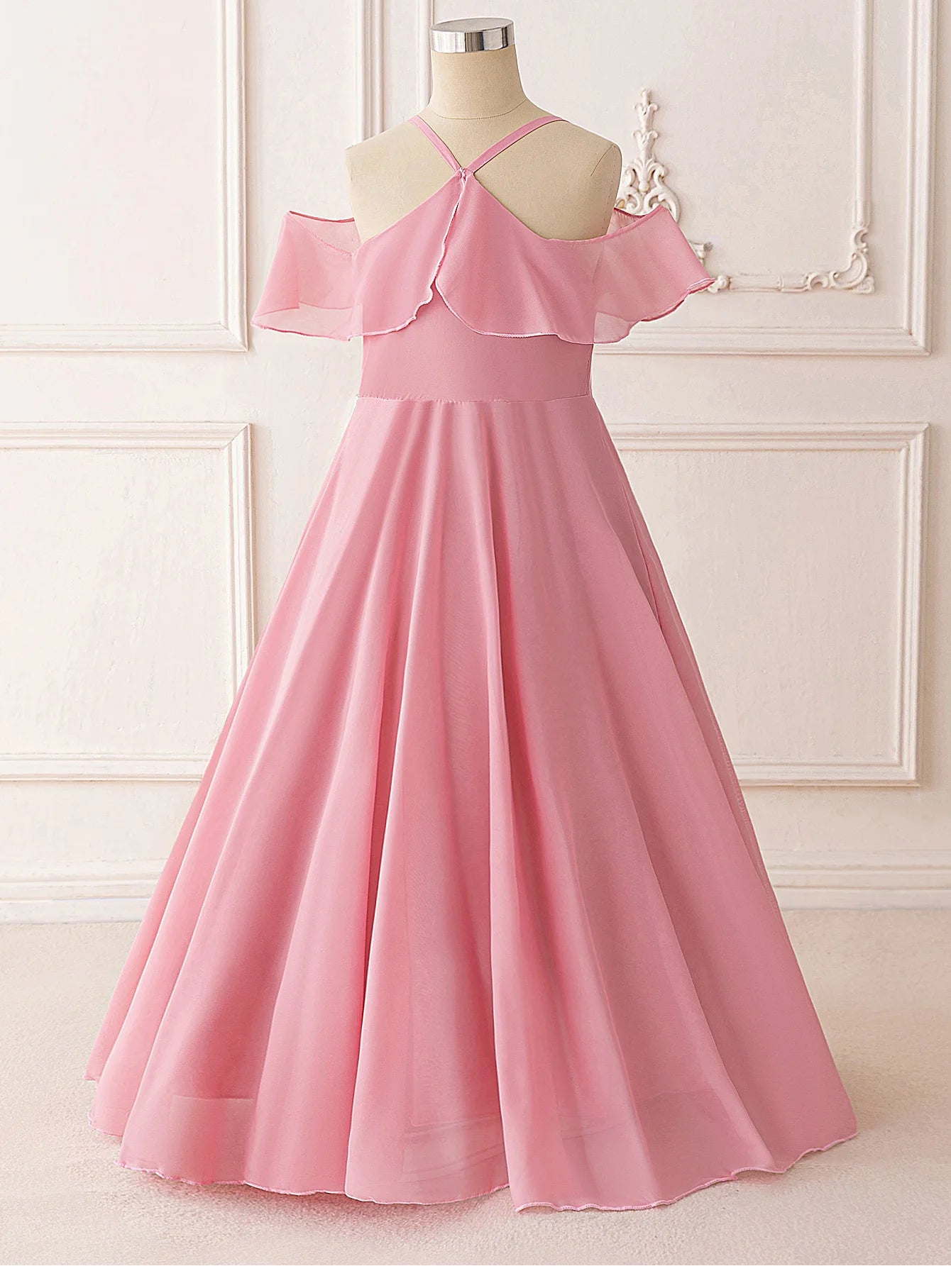 Ruffle Girls Party Bridesmaid Strap Dress off Shoulder Long Wedding Princess Prom Dresses Kids Elegant Beach Birthday Evening