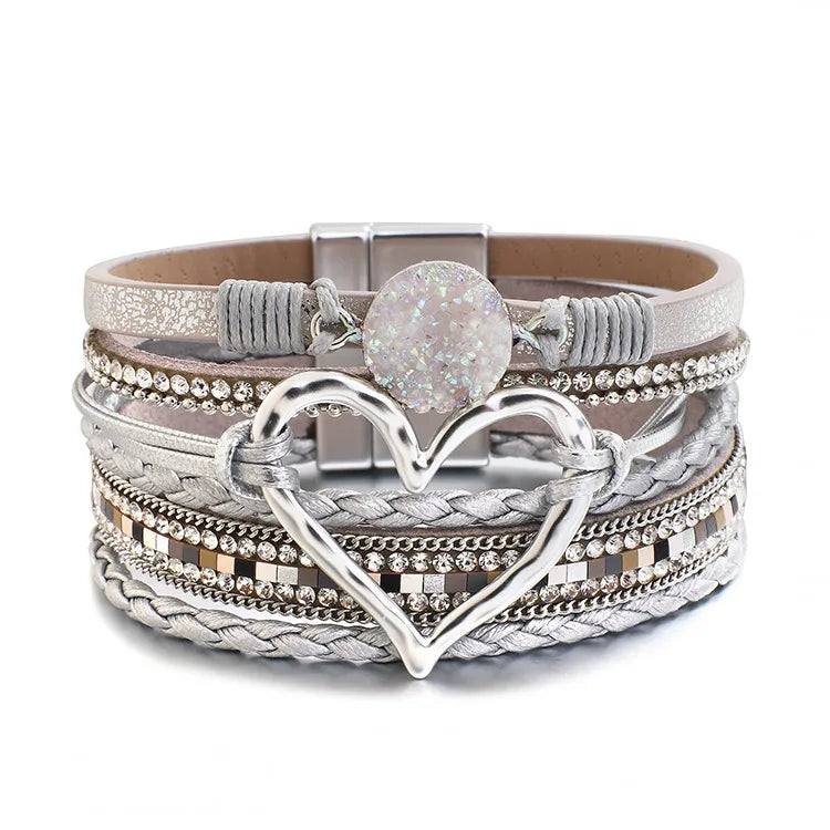 WYBU Love Heart Charm Leather Bracelets For Women Fashion Braided Bangles Multilayer Resin Stone Hollow Leather Wrap Bracelets