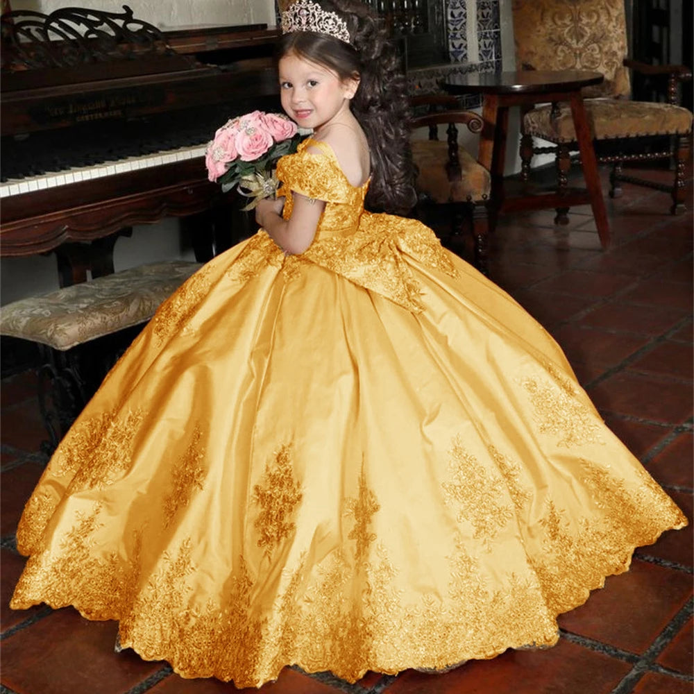 Luxury Golden Applique Full Ball Princess Wedding Party Flower Girl Dress Off The Shoulder Floor Length First Communion Gown New