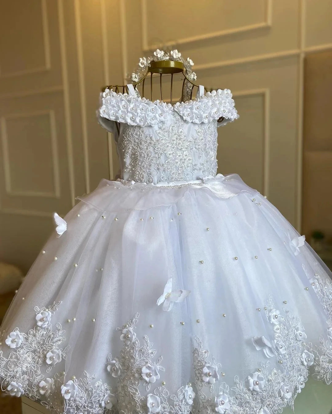 Luxury Baby Girl Birthday Dress Lace Pearls Infant Applique Dress Princess Flower Girl Dress Long Christmas Prom Ball Gown