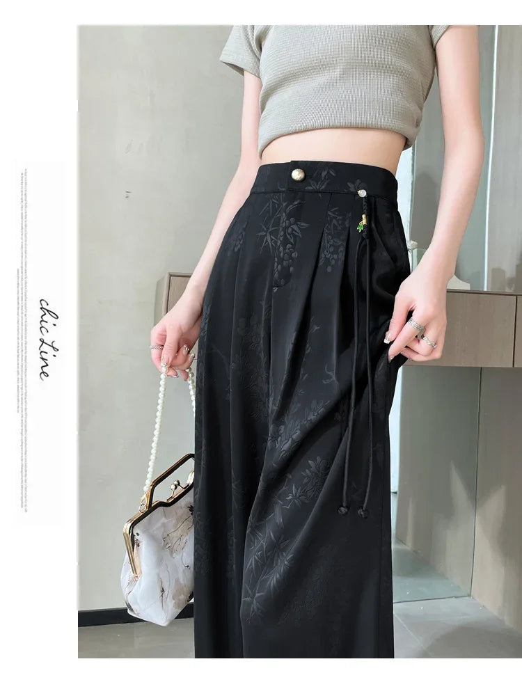 New Chinese Style Jacquard Wide Leg Satin Pants for Women Elegant Solid Office Lady Women's Casual Loose Pants Female