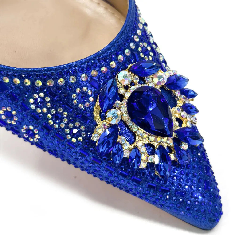 Nigerian Heel Party for Women Blue Color Shoes and Bag Set Rhinestone Handbag Italian Design Wedding INS 2025