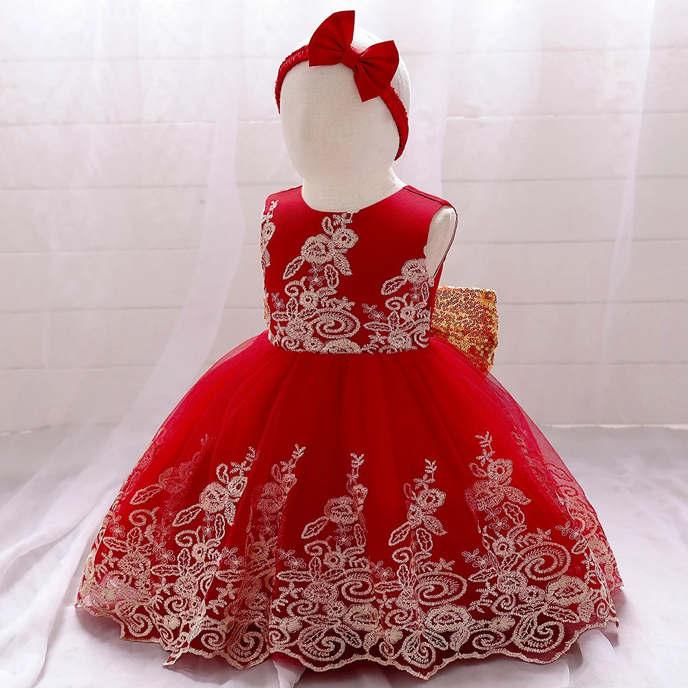 Gold Bow Flower Baby Dress for Girls Christmas Costumes 1st Birthday Party Princess Dresses Wedding Formal Evening Kids Clothing