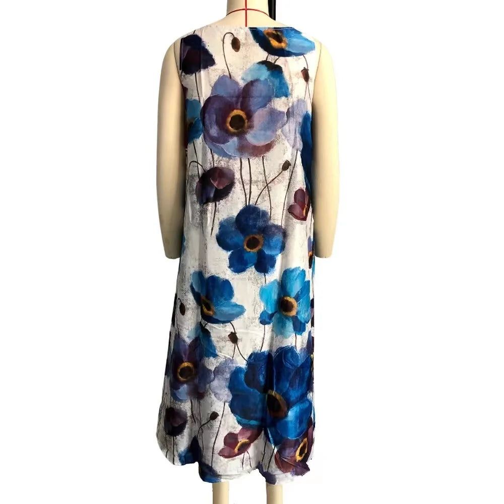 2023 Summer Women Clothing Fashion Elegant Sleeveless Print A-Line Dress Round Neck Casual Party Dresses Girls Sweet Dress