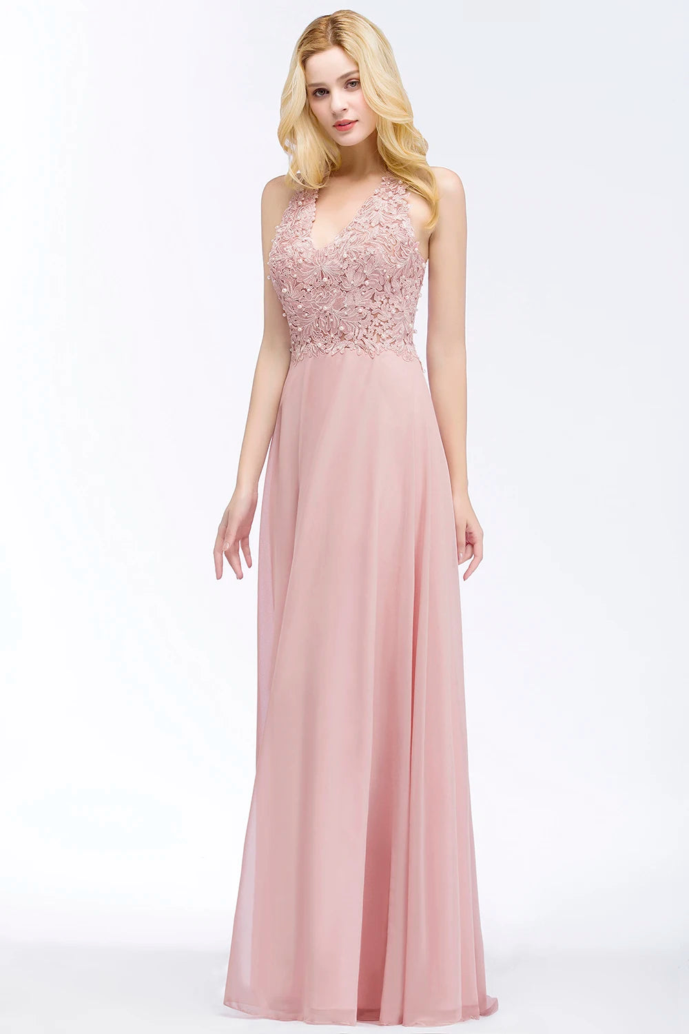 BABYONLINE Halter Neckline Lace Pearls Bodice Bridesmaid Dress Long Floor-length Skirt Chiffon Sexy Open Back Wedding Clothes