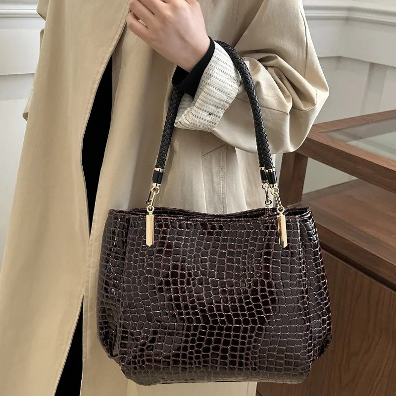 Classic Stone Texture Top-Handle Bag with Crocodile Print Elegant Shoulder Bag for Sophisticated Women in Europe and America