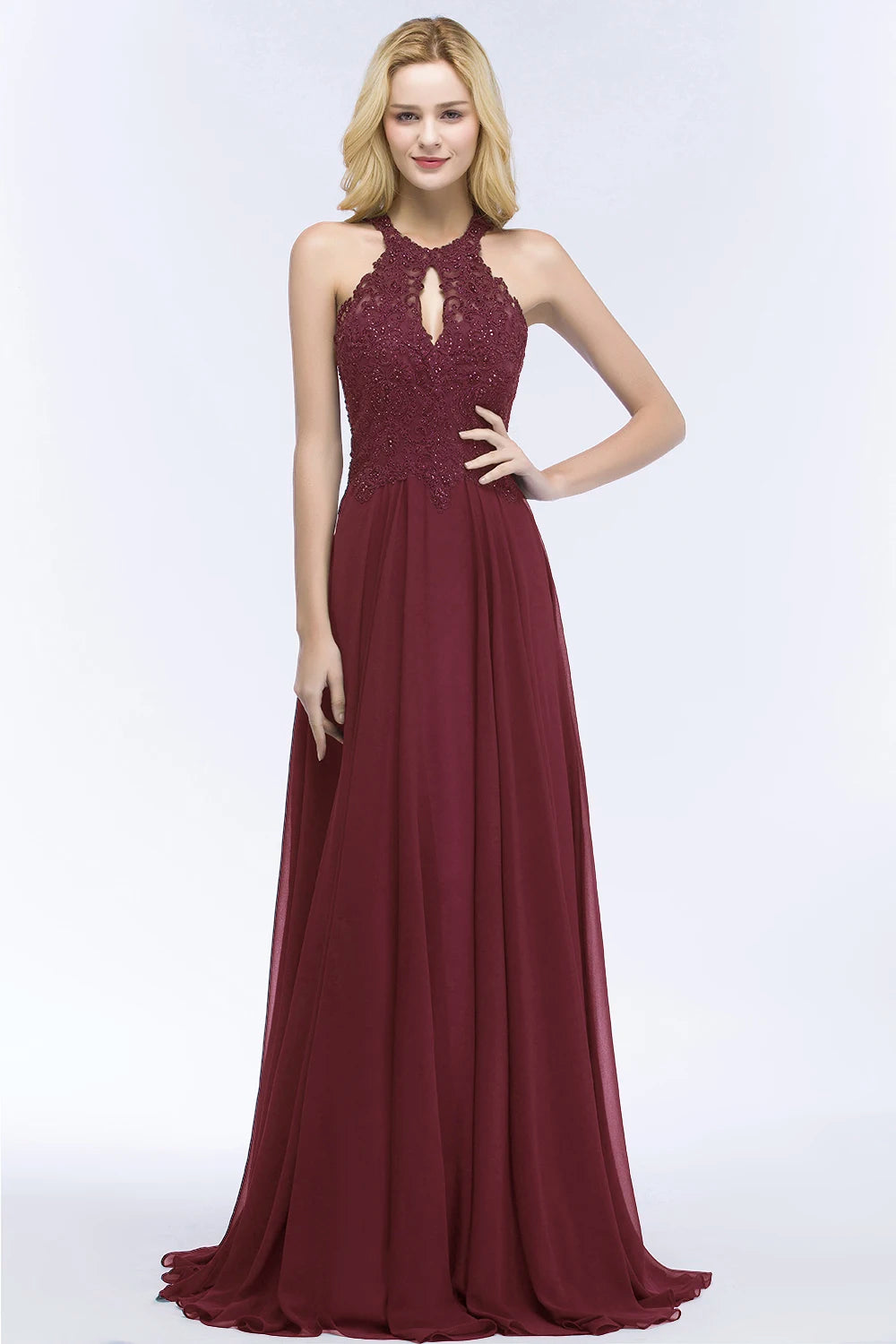BABYONLINE Halter Neckline Lace Pearls Bodice Bridesmaid Dress Long Floor-length Skirt Chiffon Sexy Open Back Wedding Clothes
