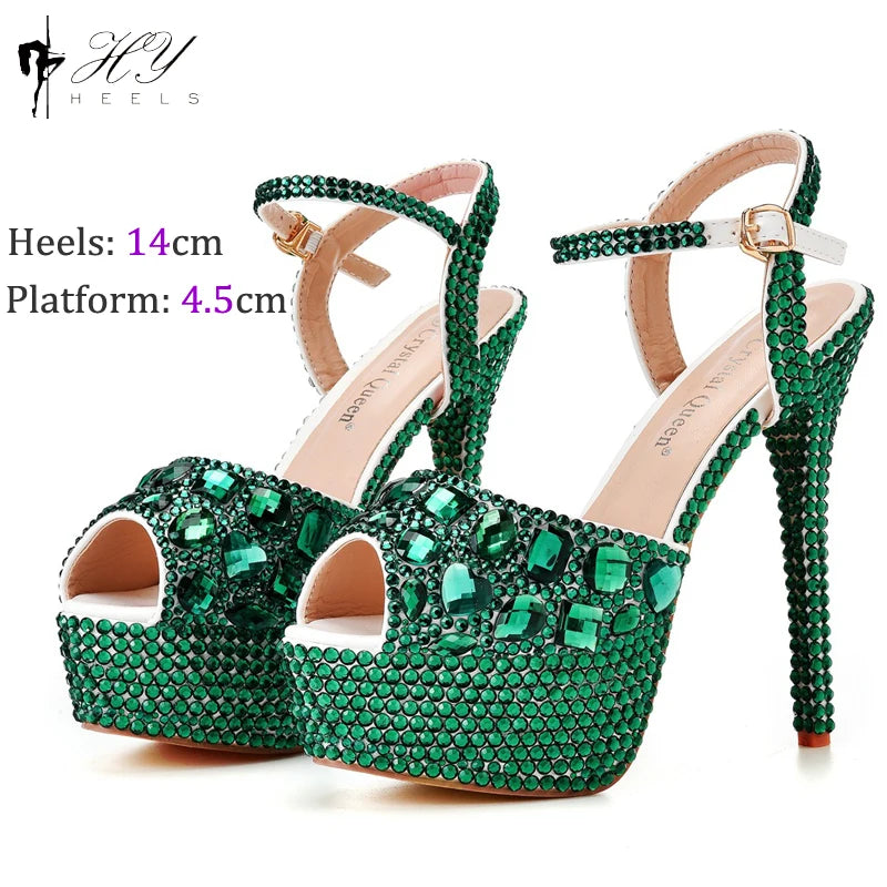 Fashion Diamond Wedding Shoes Ladies 14cm Heels Open-toed High-heeled Waterproof Platform Party Shoes Women