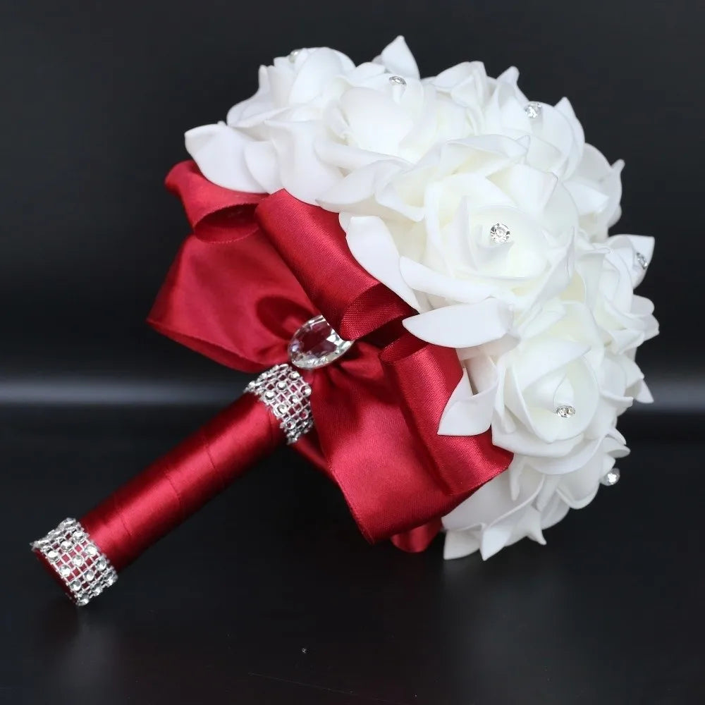 Romantic Rose Flower Bouquet PE Flower Satin Bridal Wedding Bouquet Simulation Artificial Rose Flower Bridal Wedding
