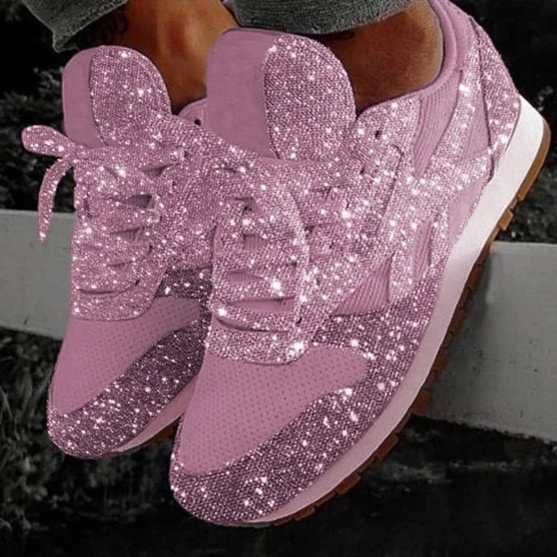2024 New Women Flat Sneakers Casual Bling Vulcanized Shoes Women Mesh Lace Up Platform Plus Size Fashion Outdoor Woman Shoes