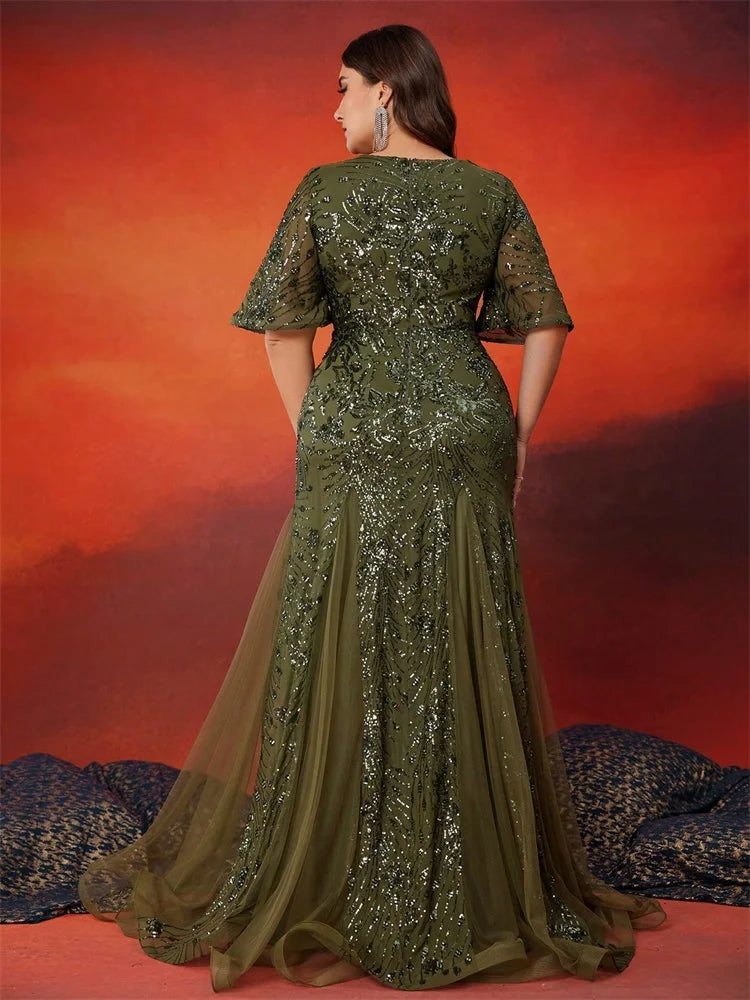 BLUEPLUM Plus Size Elegant Short Sleeves Sequin Evening Dresses For Women Mermaid Formal Bridesmaid Party Maxi Prom Dress Gown