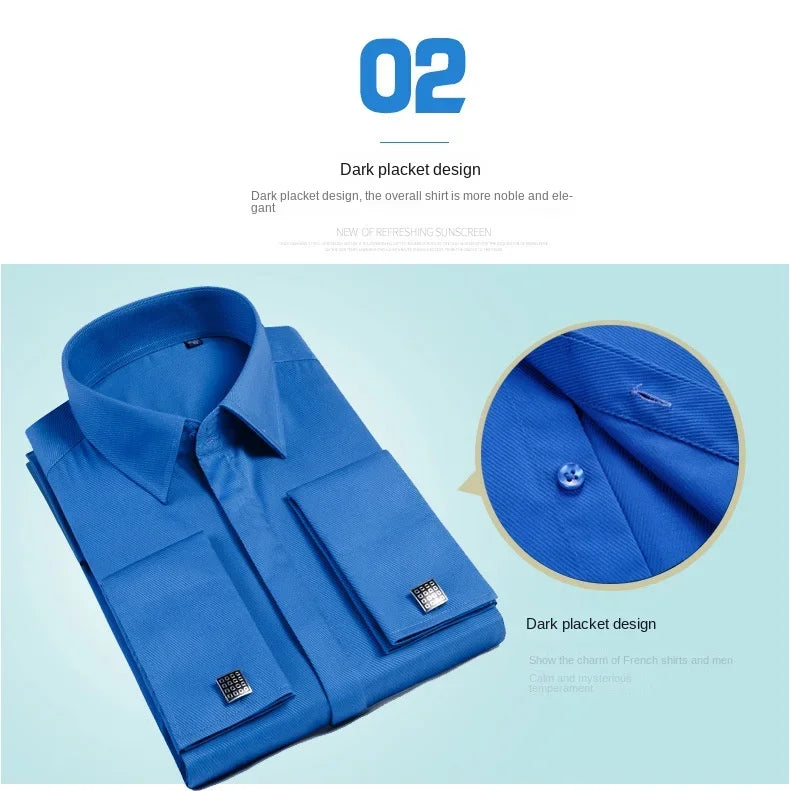 Spring Autumn Men's French Cufflinks Business Dress Shirt Sleeve Pin Solid Color Non-iron Shirts Slim Fit Party Men's Wear