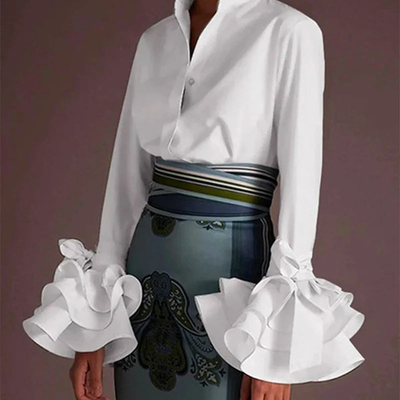 Women Elegant Flared Sleeves Falbala Blouses 2024 New Spring Autumn Black White Color Casual Office Lapel Shirts Tops