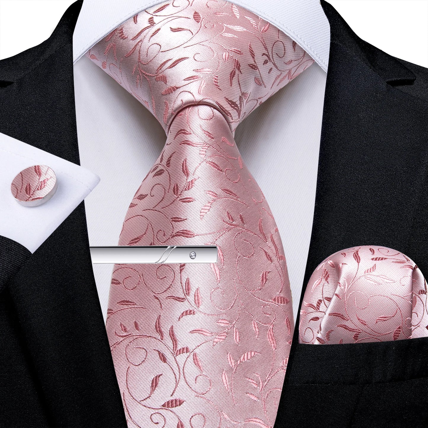 Men's Tie Set with Clip Luxury Retro Red Blue Floral 8cm Necktie Handkerchief Cufflinks Wedding Party Business Accessories Gift