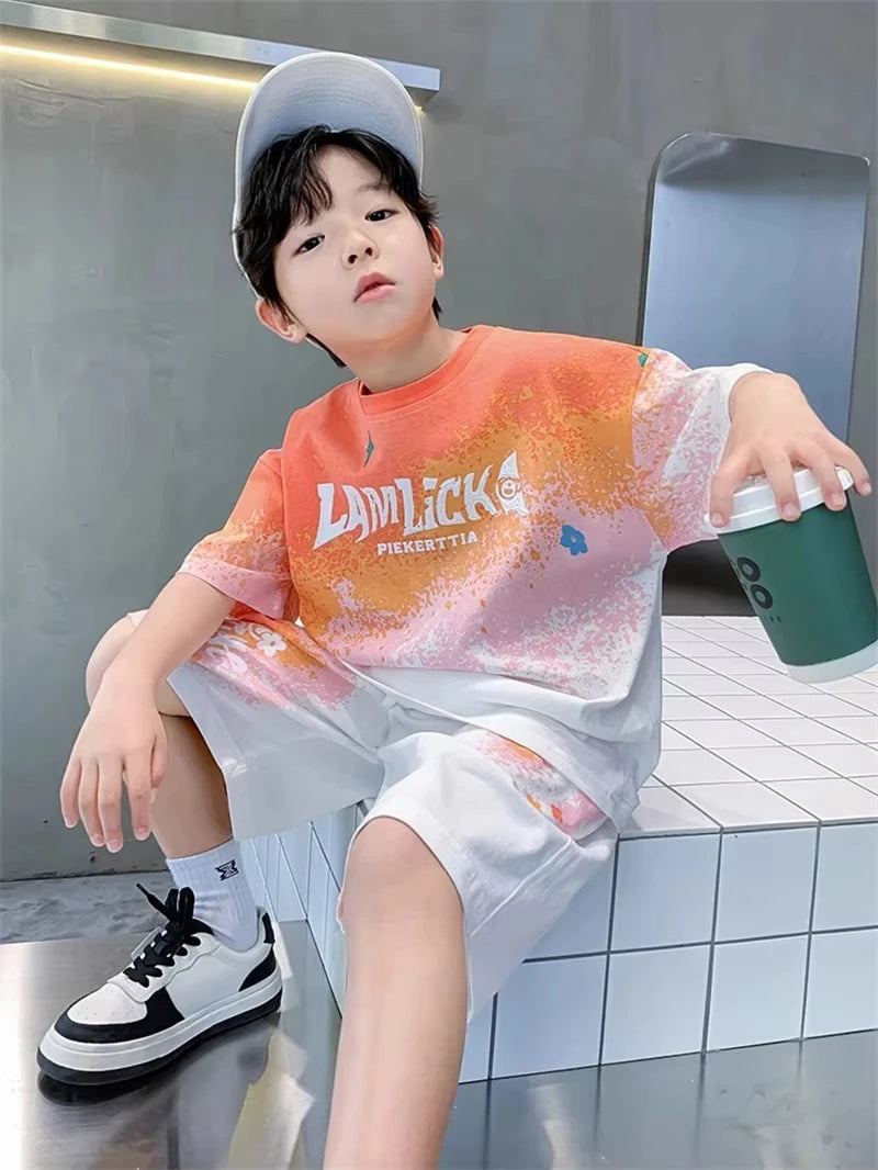 Boys' summer fashion casual sports 2-piece T-shirt+pants suitable for boys' hip-hop style fashion clothing set, lightweight and