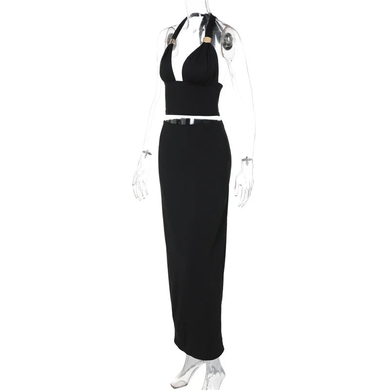 Mozision Elegant Summer 2 Piece Sets Women Metal Ring Crop Tops And Maxi Skirt Female Fashion Solid Lace-up Beach Two Piece Sets
