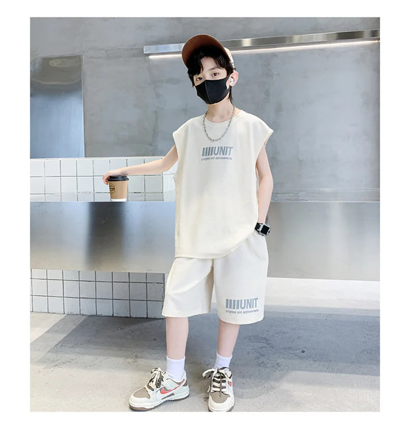 Boys Summer Suit New Children's Sleeveless Vest Sports Suit Fried Street Clothes Cool Handsome Summer Children's Clothing