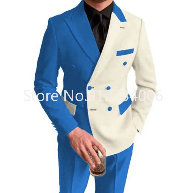 Elegant Black White Men Suit Slim Fit Peak Lapel Double Breasted 2 Piece Formal Groom Wedding Tuxedos Blazer+Pants Costume Homme