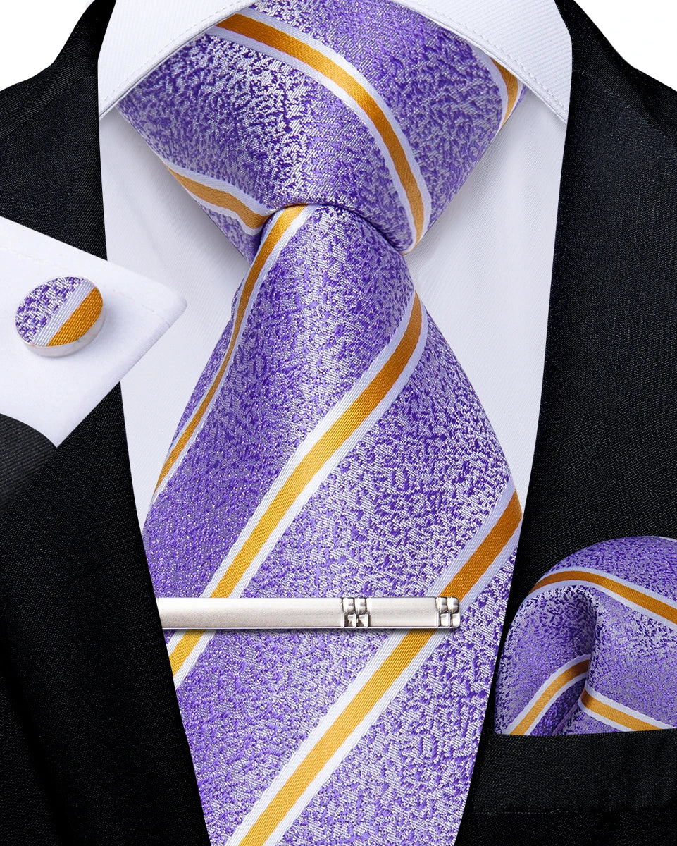 Men's Tie Set with Clip Luxury Retro Striped Floral 8cm Necktie Handkerchief Cufflinks Wedding Party Business Accessories Gift