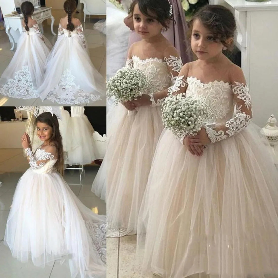 Long Sleeves Flower Girl Dresses for Wedding Junior Bridesmaid Dress Lace First Communion Dress