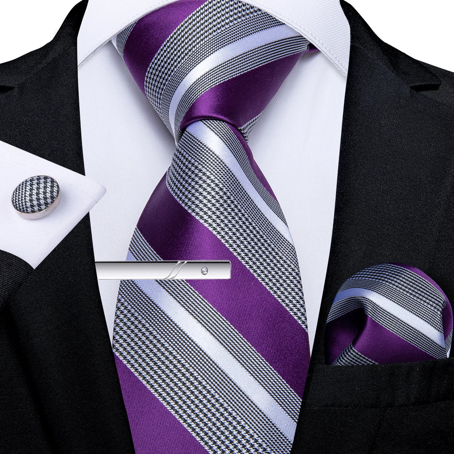 Men's Tie Set with Clip Luxury Retro Red Blue Floral 8cm Necktie Handkerchief Cufflinks Wedding Party Business Accessories Gift