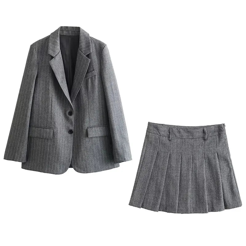 TRAFZA Spring 2 Piec Suits For Women V Neck Long Sleeves Single Breasted Blazer Coat + Folds Streetwear Women's Mini Skirt