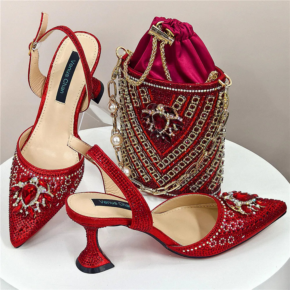 Nigerian Heel Party for Women Blue Color Shoes and Bag Set Rhinestone Handbag Italian Design Wedding INS 2025